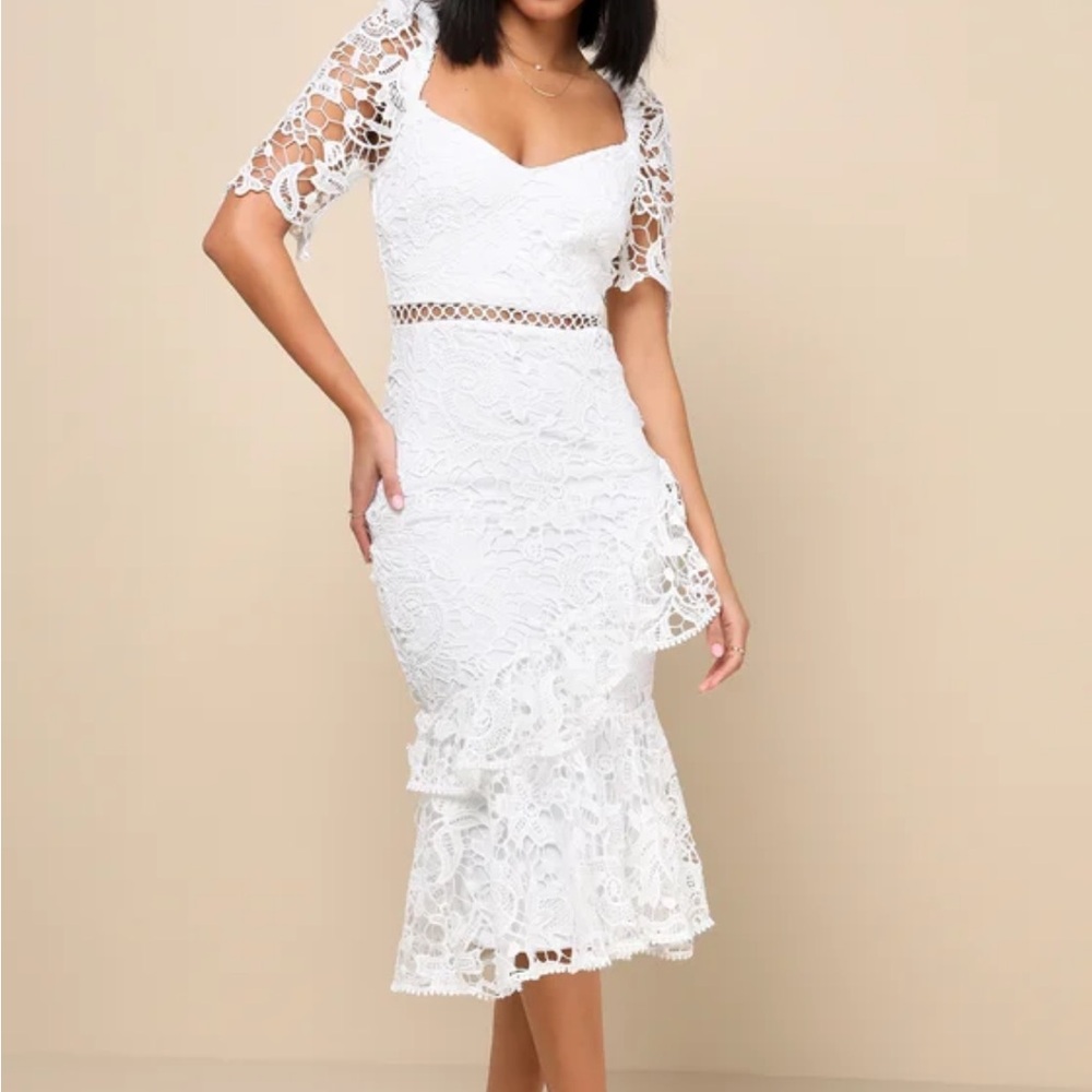 Briarwood White Lace Ruffled Midi Dress